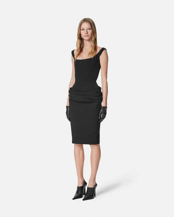Versace Wool Gabardine Corset Draped Midi Dress Black Women Dresses