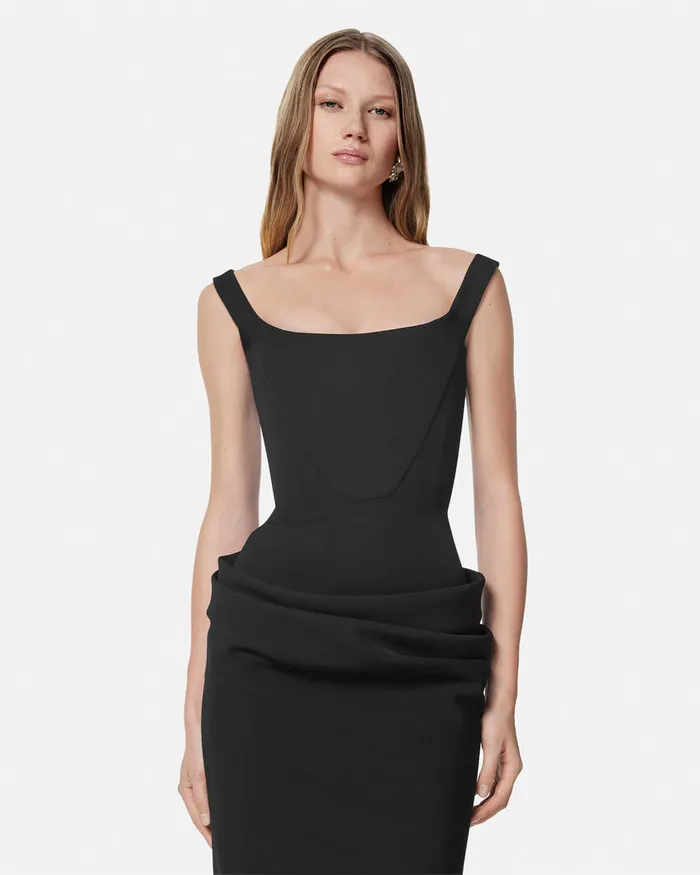 Versace Wool Gabardine Corset Draped Midi Dress Black Women Dresses