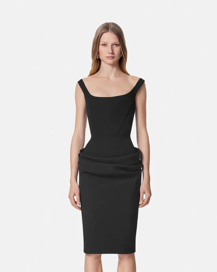 Versace Wool Gabardine Corset Draped Midi Dress Black Women Dresses
