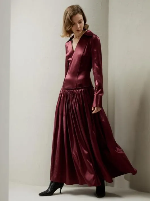 Villemajou Pleated Silk Maxi Shirt Dress Women Jumpsuits Lilysilk Dresses