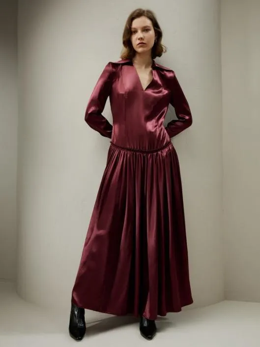 Villemajou Pleated Silk Maxi Shirt Dress Women Jumpsuits Lilysilk Dresses
