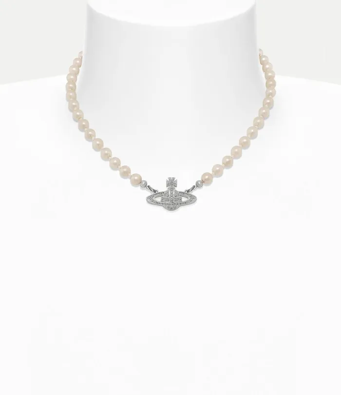 Vivienne Westwood Necklaces Women Mini Bas Relief Pearl Choker Platinum Crystal Pearl