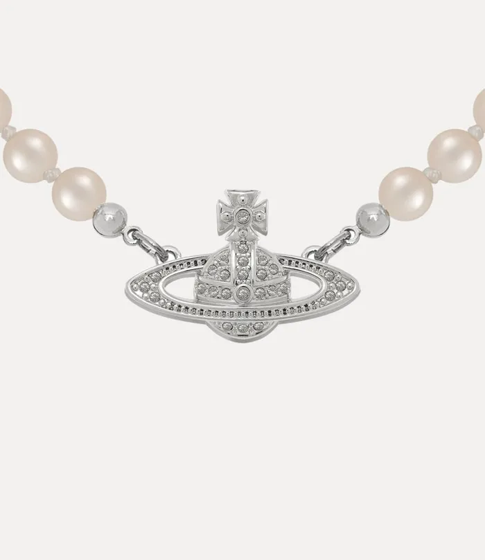 Vivienne Westwood Necklaces Women Mini Bas Relief Pearl Choker Platinum Crystal Pearl