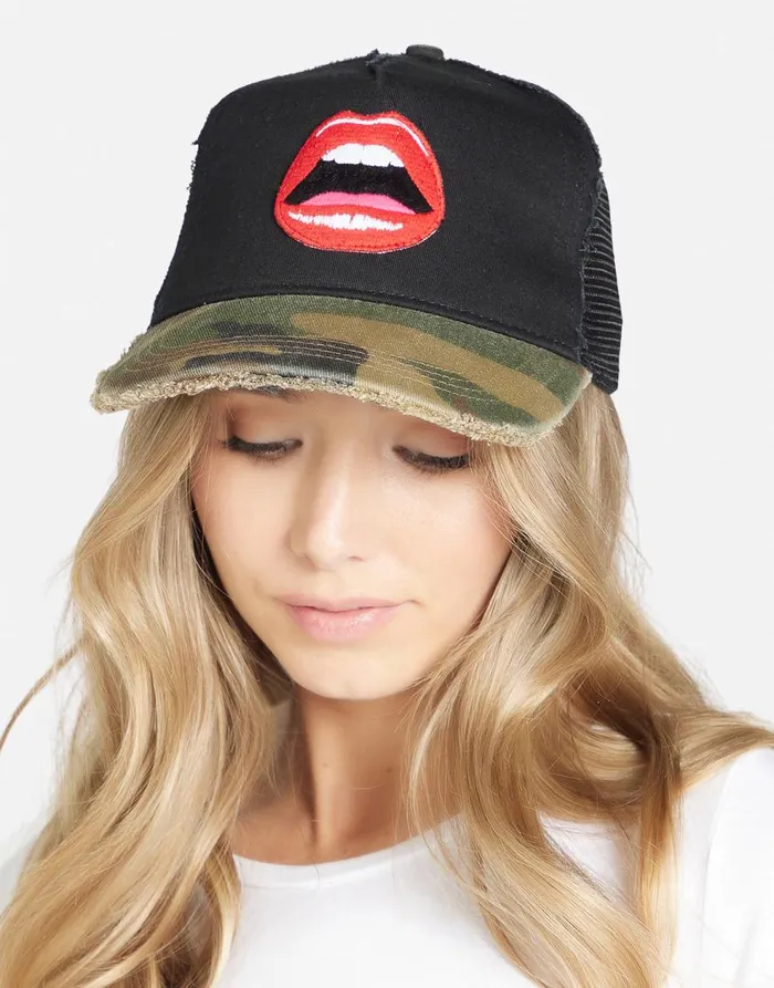 Women039s Jilly Red Open Lip Black Camo Lauren Moshi Hats