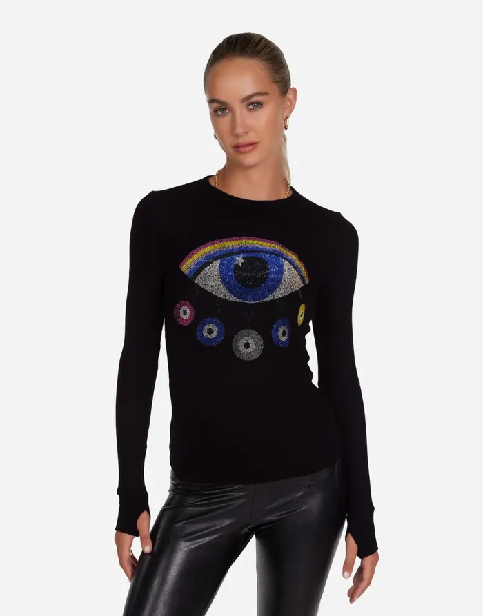 Women039s McKinley Crystal Rainbow Evil Eye Black Lauren Moshi Long Sleeve
