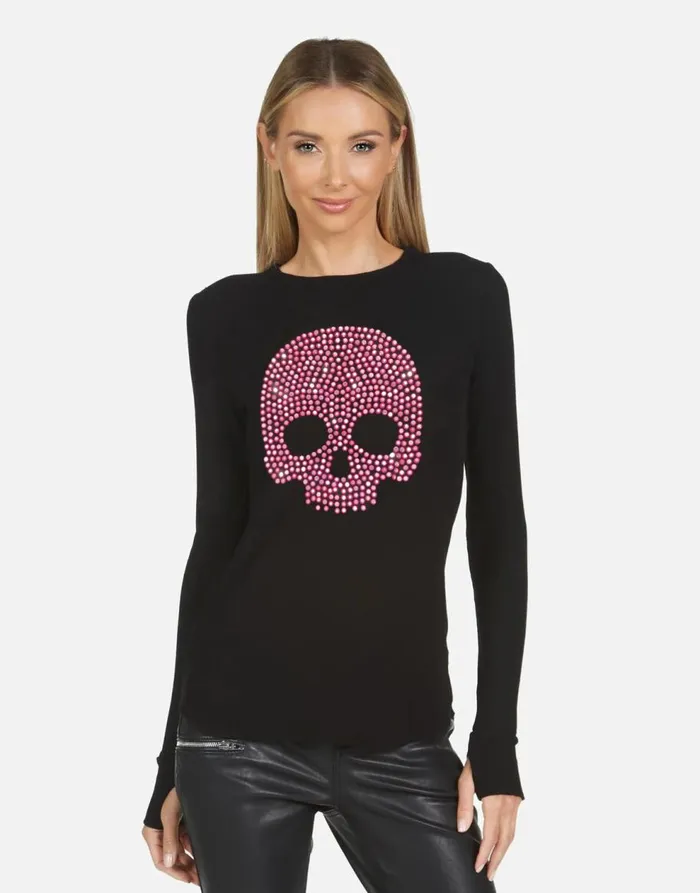 Women039s McKinley X Pink Stud Skull Black Lauren Moshi Long Sleeve