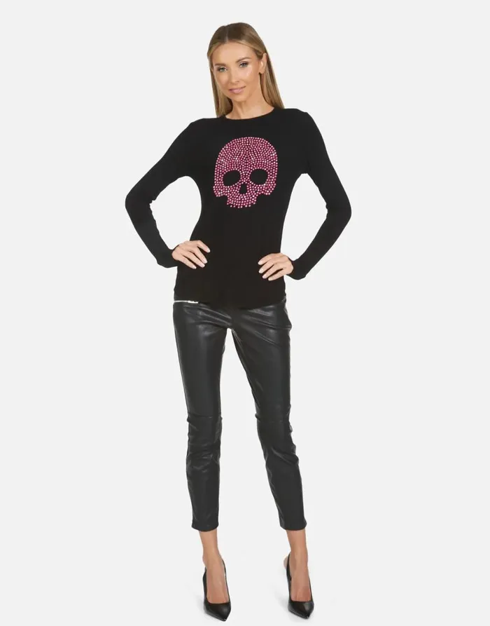 Women039s McKinley X Pink Stud Skull Black Lauren Moshi Long Sleeve