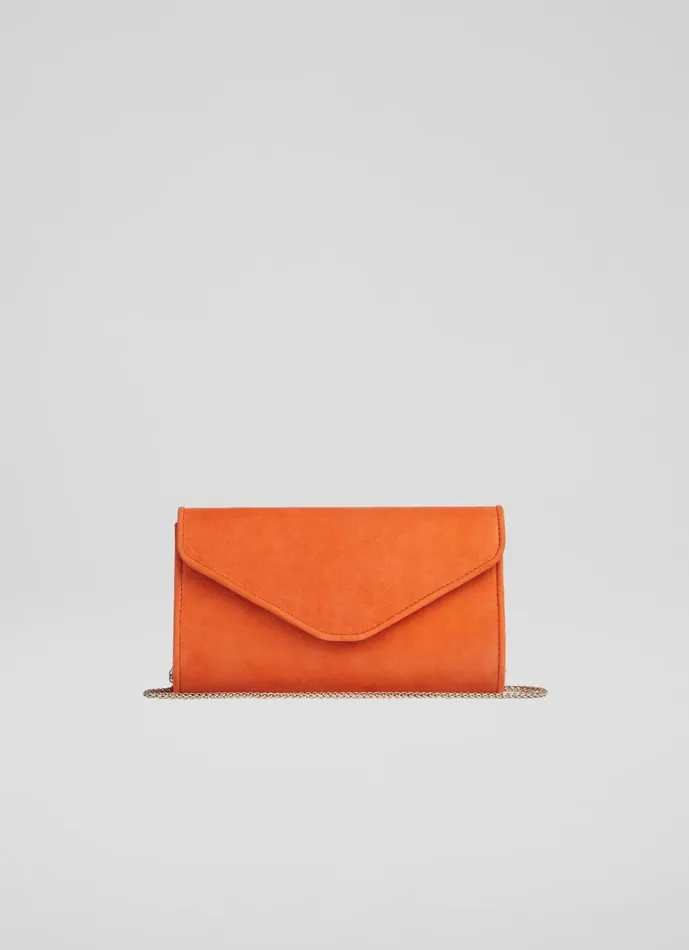 Women Clutch Bags LKBennett Dominica Orange Suede Clutch Bag
