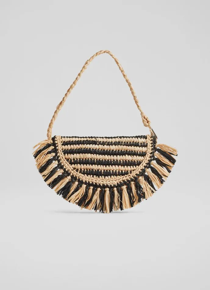Women Clutch Bags LKBennett Luna Natural And Black Raffia Fringed Bag