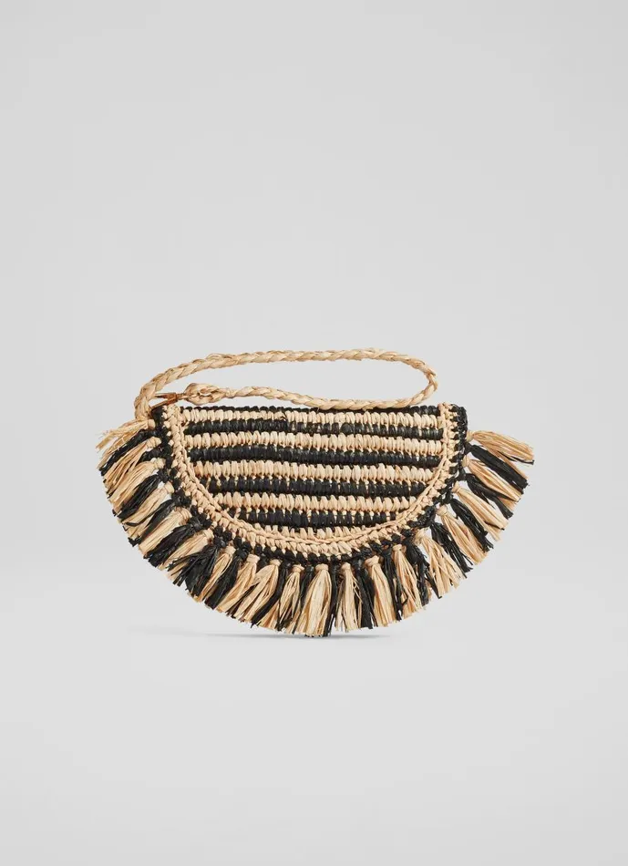 Women Clutch Bags LKBennett Luna Natural And Black Raffia Fringed Bag Women Clutch Bags LKBennett Luna Natural And Black Raffia Fringed Bag