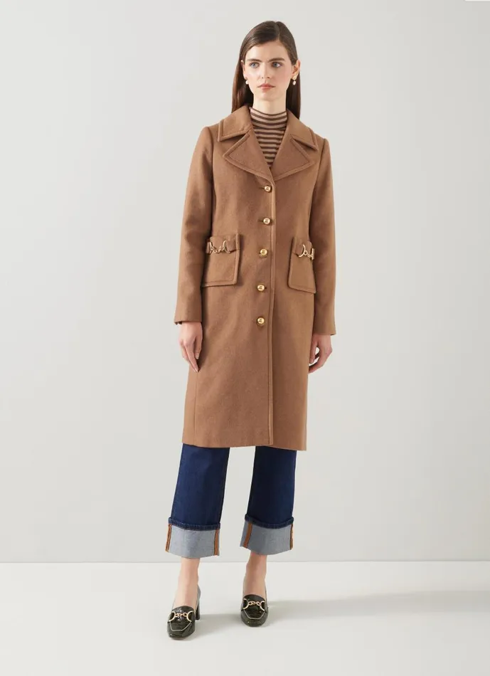 Women Coats and Jackets LKBennett Spencer Camel Italian Recycled WoolBlend Snaffle Detail Coat Camel