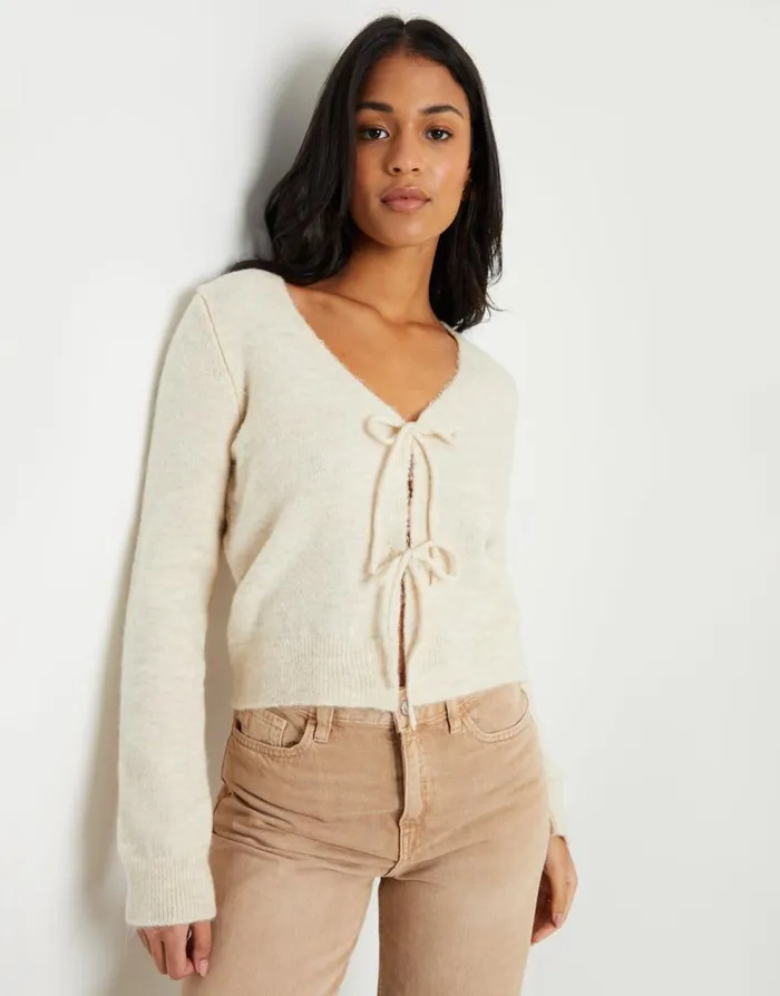 Women Cream Tie Front V Neck Knitted Cardigan Threadbare Cardigans