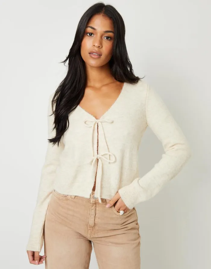 Women Cream Tie Front V Neck Knitted Cardigan Threadbare Cardigans Women Cream Tie Front V Neck Knitted Cardigan Threadbare Cardigans