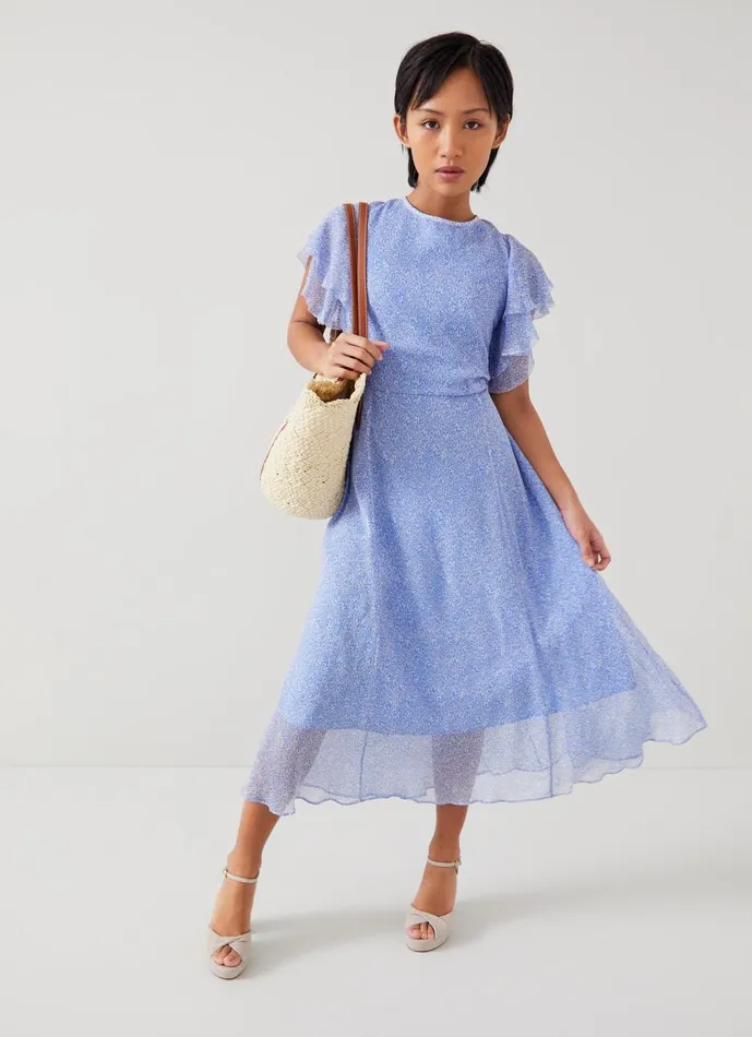 Women Dresses LKBennett Agnes Petite Blue Wiggle Print Georgette Dress Light Blue