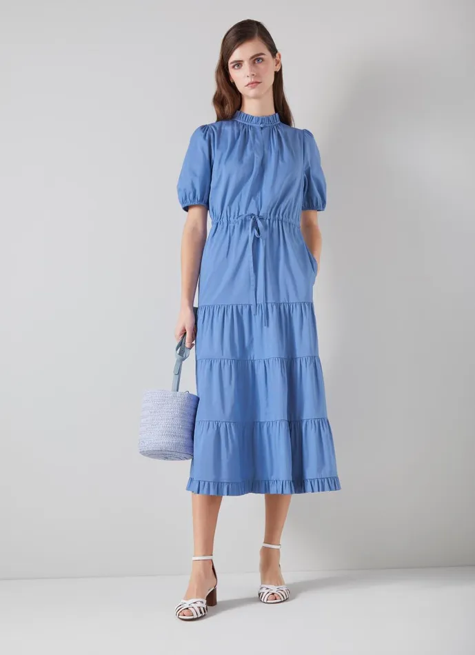 Women Dresses LKBennett Hedy Blue Organic Cotton Tiered Dress Light Blue