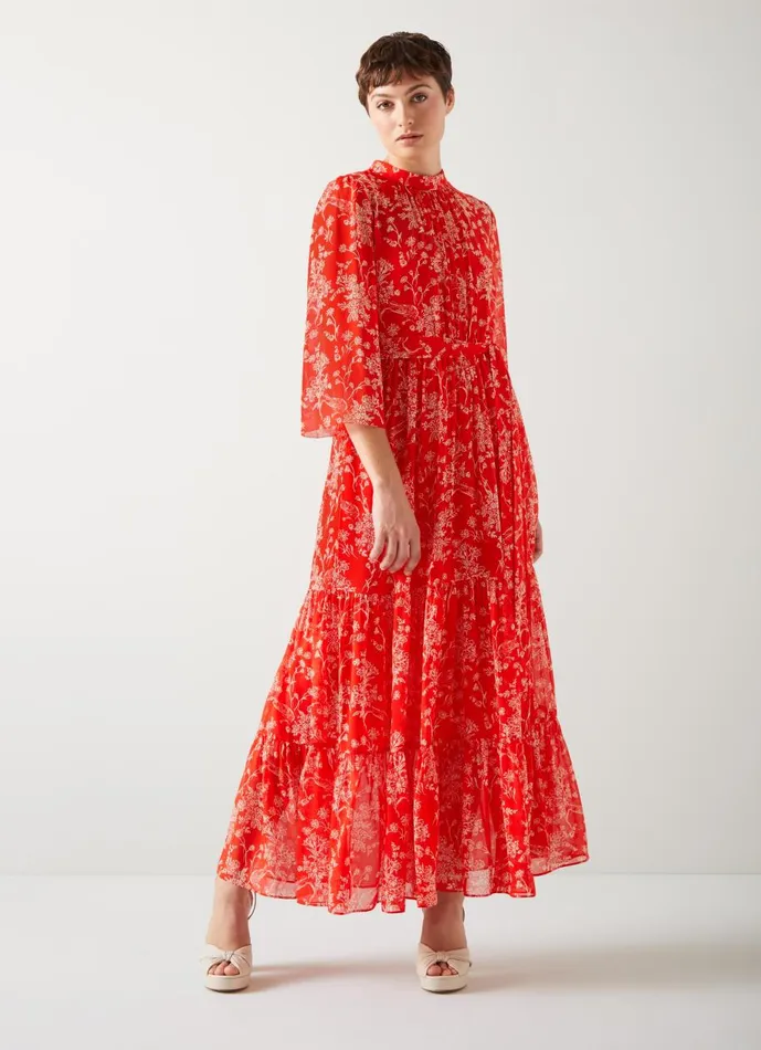 Women Dresses LKBennett Olivia Red And Cream Silk Georgette Maxi Dress Red