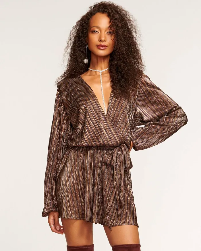 Women Elise VNeck Mini Dress Neutral Lame Ramy Brook Dresses