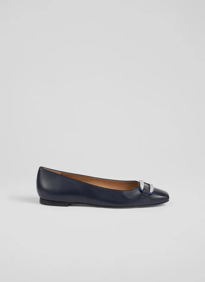 Women Flats LKBennett Cayden Navy Patent Leather Silver Bar Flats Navy