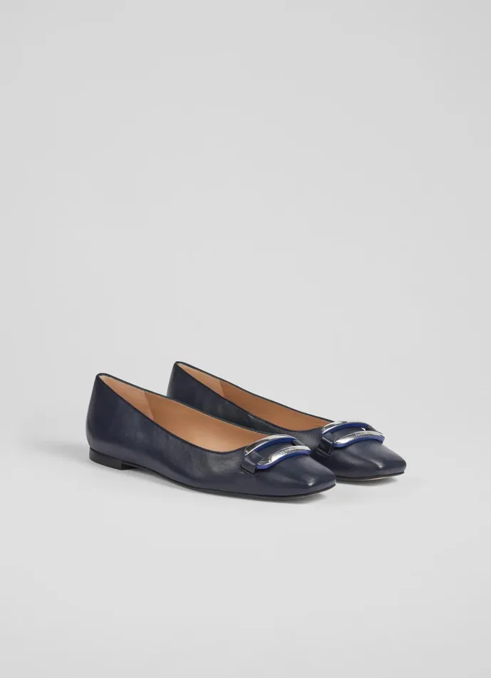 Women Flats LKBennett Cayden Navy Patent Leather Silver Bar Flats Navy
