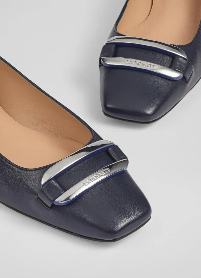 Women Flats LKBennett Cayden Navy Patent Leather Silver Bar Flats Navy