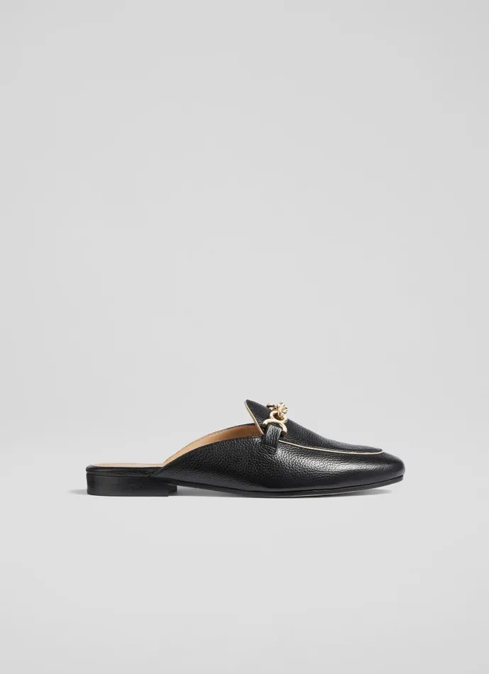Women Flats LKBennett Eve Black Leather Backless Loafers Black