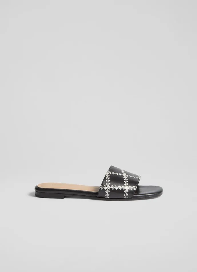 Women Flats LKBennett Hema Black Leather Stitch Detail Flat Mules Black