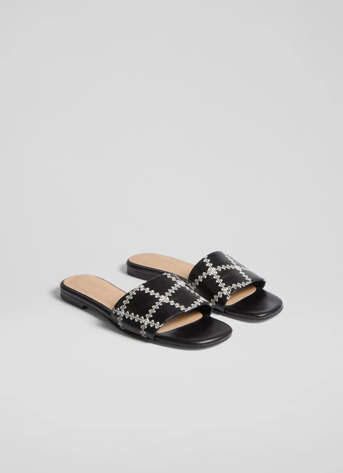 Women Flats LKBennett Hema Black Leather Stitch Detail Flat Mules Black Women Flats LKBennett Hema Black Leather Stitch Detail Flat Mules Black