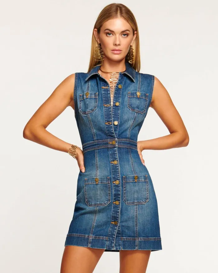 Women Juliet Denim Mini Dress Medium Wash Ramy Brook Dresses