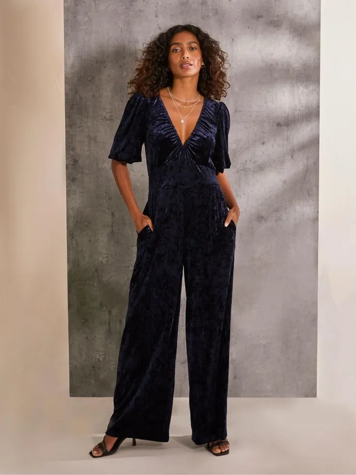 Women Jumpsuits and Playsuits Fat Face Greta Blue Velvet Jumpsuit