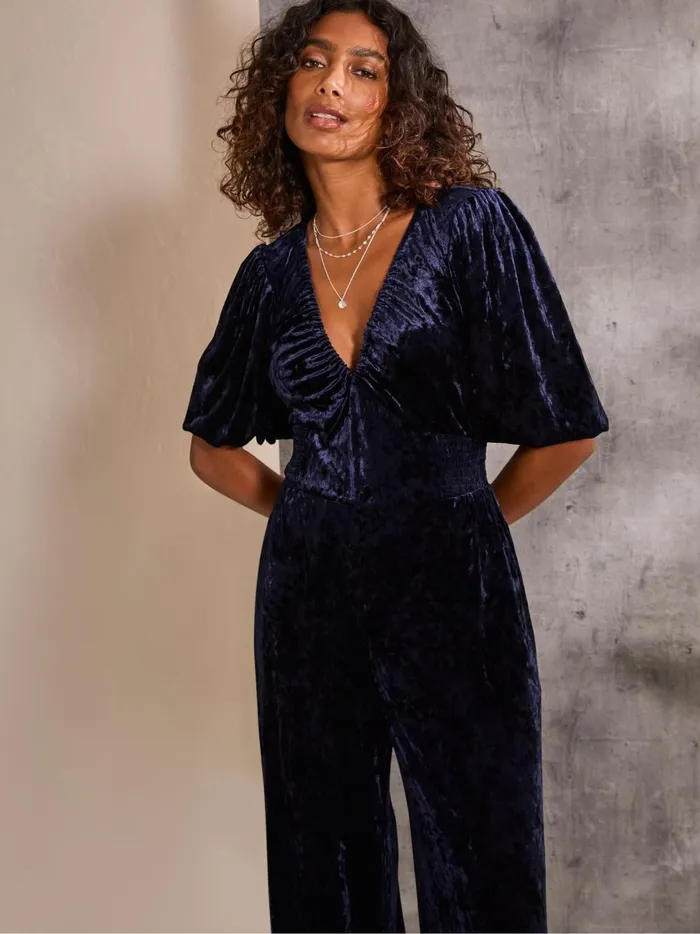 Women Jumpsuits and Playsuits Fat Face Greta Blue Velvet Jumpsuit