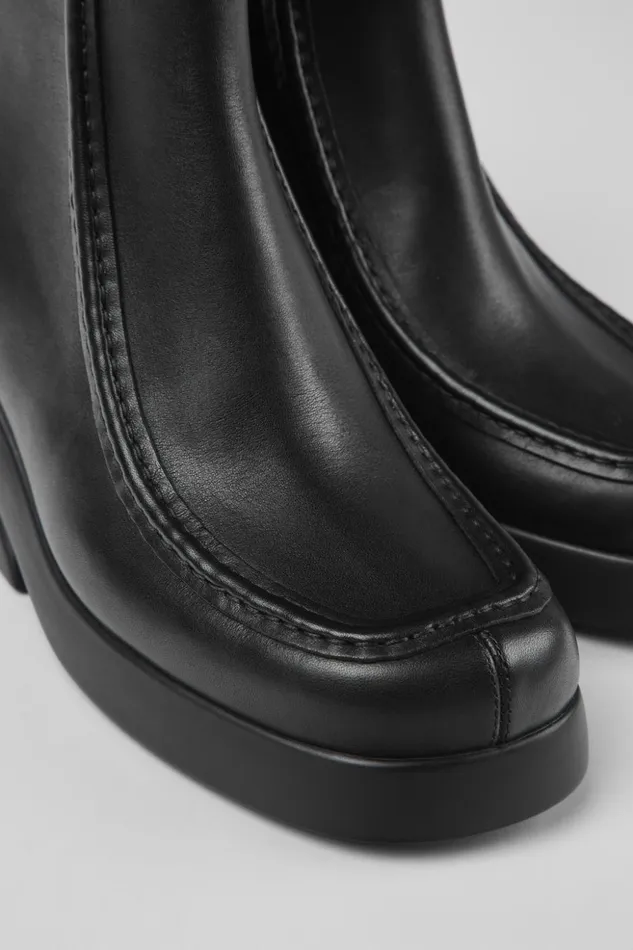 Women Kaah Black Leather Boots Camper Ankle Boots