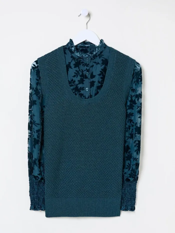 Women Knitwear Fat Face Dark Teal Hadley 2 In 1 Devore Jumper Women Knitwear Fat Face Dark Teal Hadley 2 In 1 Devore Jumper