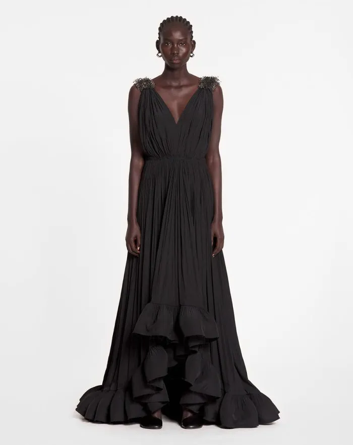 Women Lanvin Dresses Long Embroidered Charmeuse Evening Gown Black Women Lanvin Dresses Long Embroidered Charmeuse Evening Gown Black