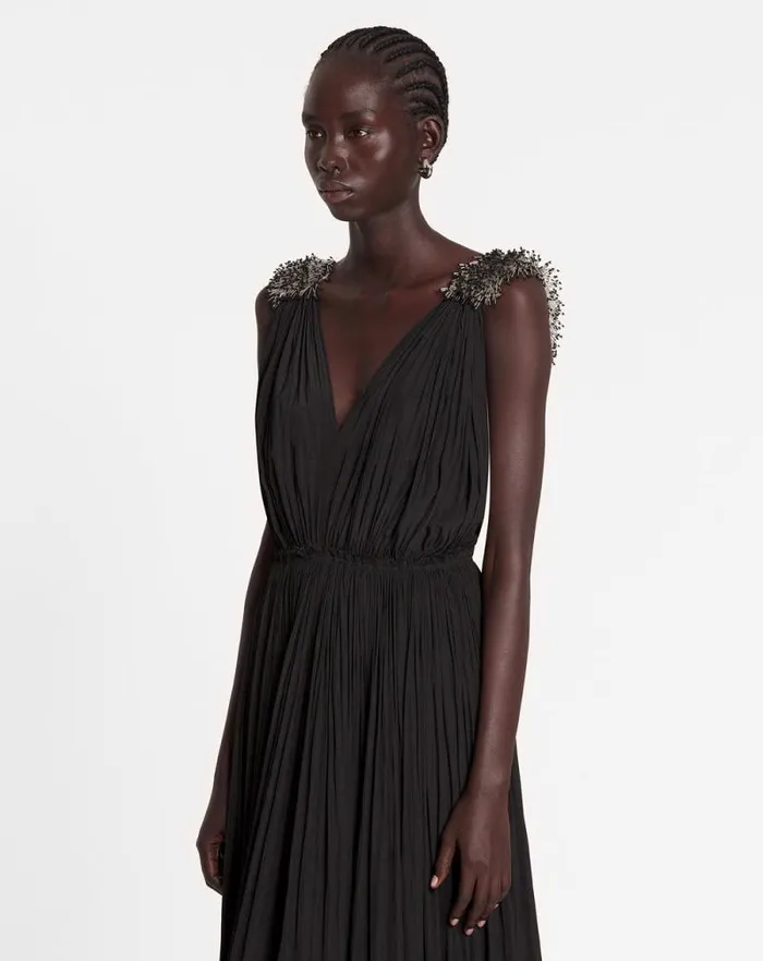 Women Lanvin Dresses Long Embroidered Charmeuse Evening Gown Black Women Lanvin Dresses Long Embroidered Charmeuse Evening Gown Black