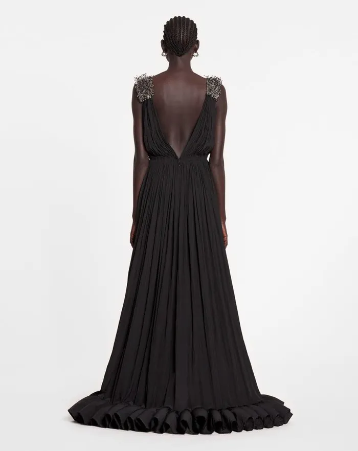 Women Lanvin Dresses Long Embroidered Charmeuse Evening Gown Black Women Lanvin Dresses Long Embroidered Charmeuse Evening Gown Black