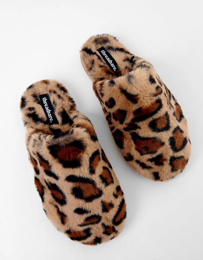 Women Leopard Faux Fur Mule Slippers Threadbare Slippers Women Leopard Faux Fur Mule Slippers Threadbare Slippers