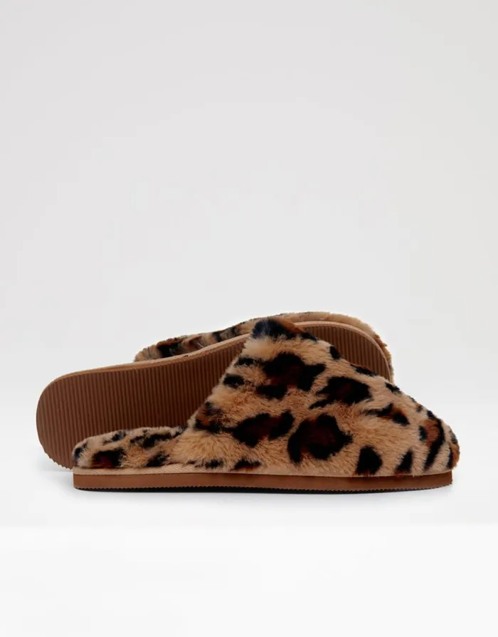 Women Leopard Faux Fur Mule Slippers Threadbare Slippers Women Leopard Faux Fur Mule Slippers Threadbare Slippers