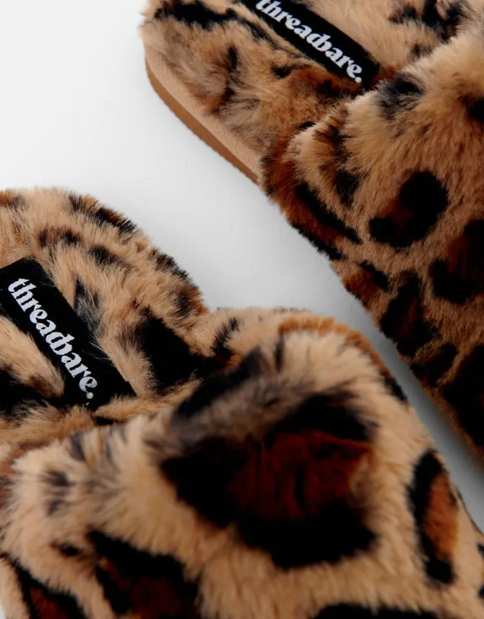 Women Leopard Faux Fur Mule Slippers Threadbare Slippers Women Leopard Faux Fur Mule Slippers Threadbare Slippers
