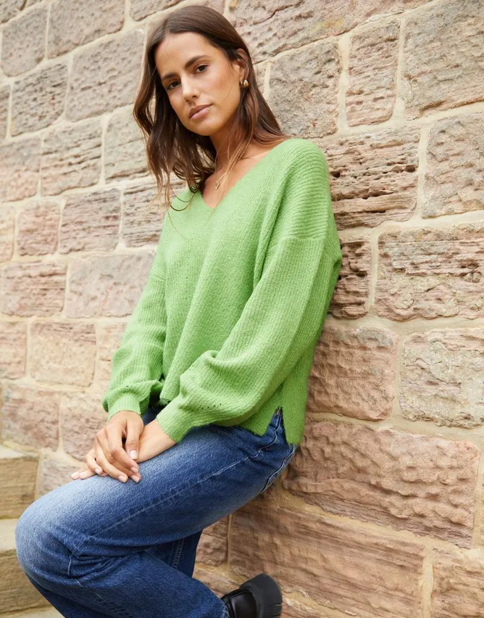Women Lime Green Ribbed V Neck Jumper Threadbare Jumpers