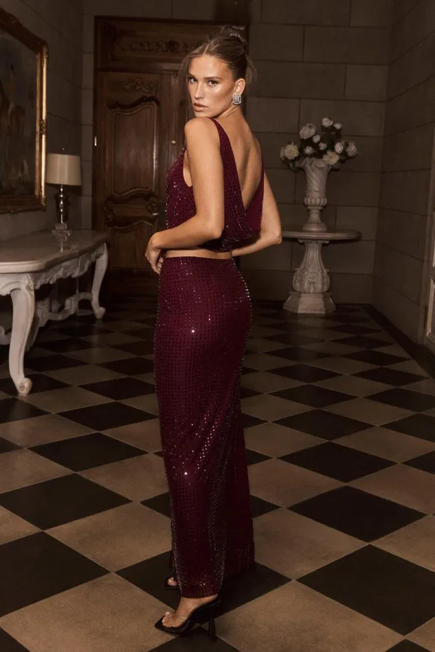 Women Meshki Bottoms Ellery Square Diamante Maxi Skirt 8211 Berry
