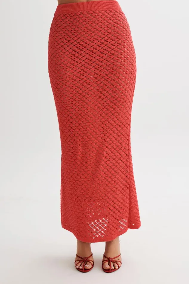 Women Meshki Bottoms Guiliana Knit Maxi Skirt 8211 Pomegranate