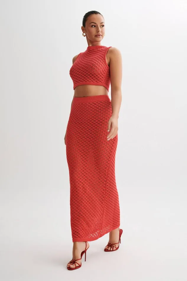 Women Meshki Bottoms Guiliana Knit Maxi Skirt 8211 Pomegranate