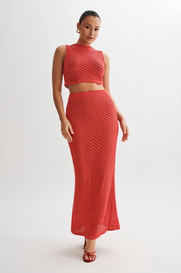 Women Meshki Bottoms Guiliana Knit Maxi Skirt 8211 Pomegranate
