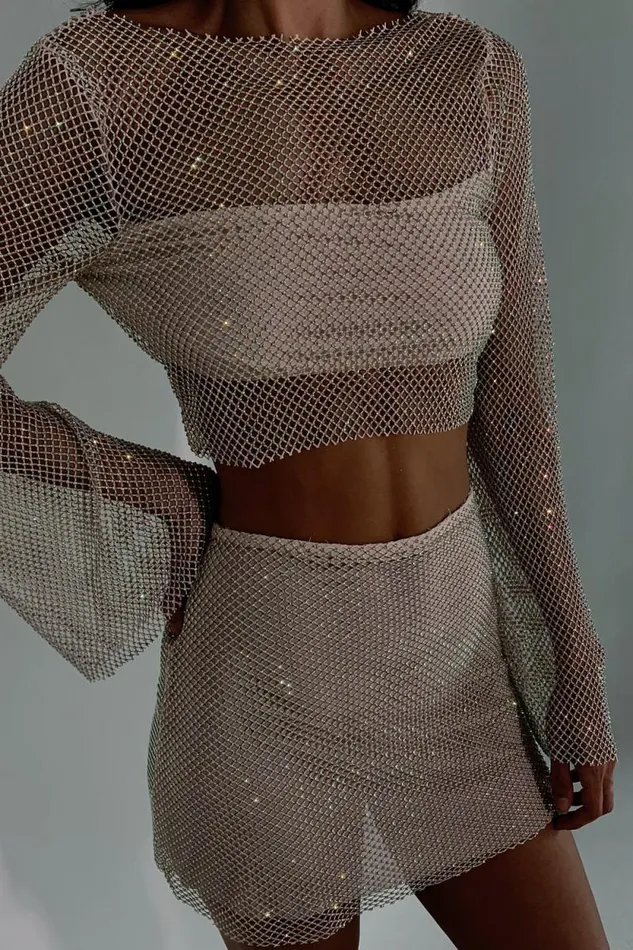 Women Meshki Bottoms Hilton Diamante Mesh Mini Skirt 8211 Cream