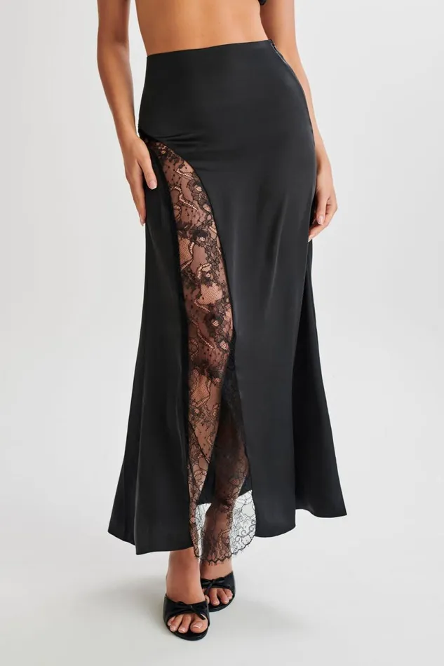 Women Meshki Bottoms Luella Satin Lace Maxi Skirt 8211 Black
