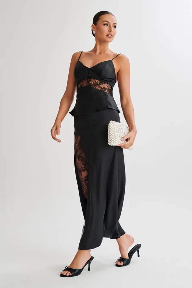 Women Meshki Bottoms Luella Satin Lace Maxi Skirt 8211 Black
