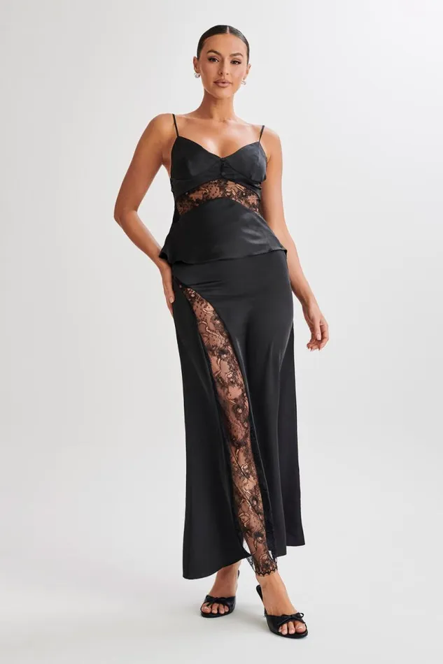 Women Meshki Bottoms Luella Satin Lace Maxi Skirt 8211 Black