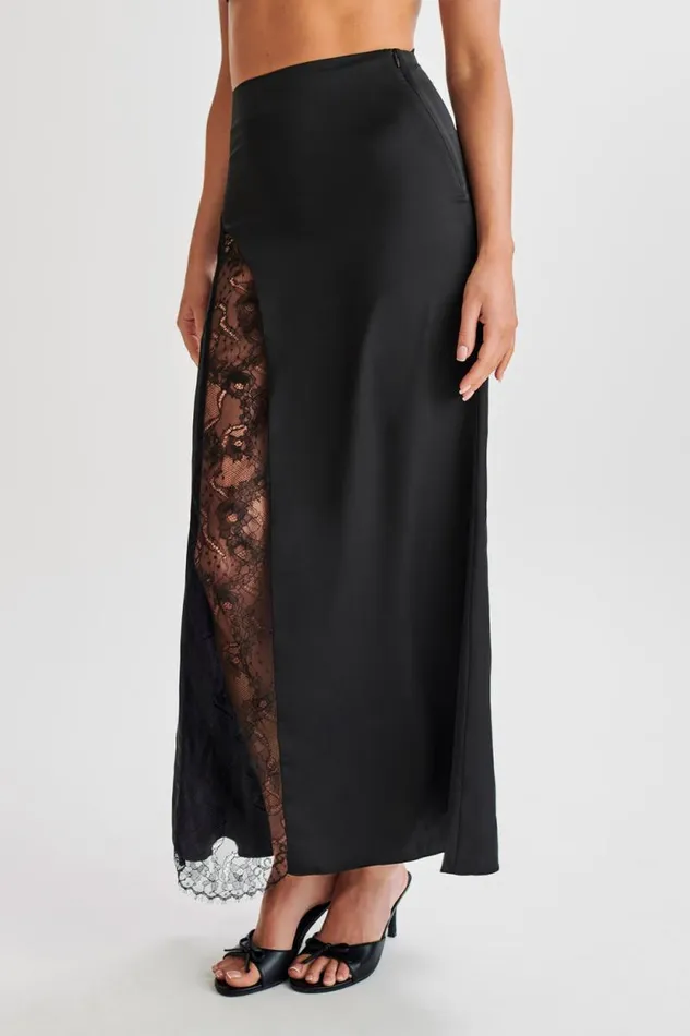 Women Meshki Bottoms Luella Satin Lace Maxi Skirt 8211 Black