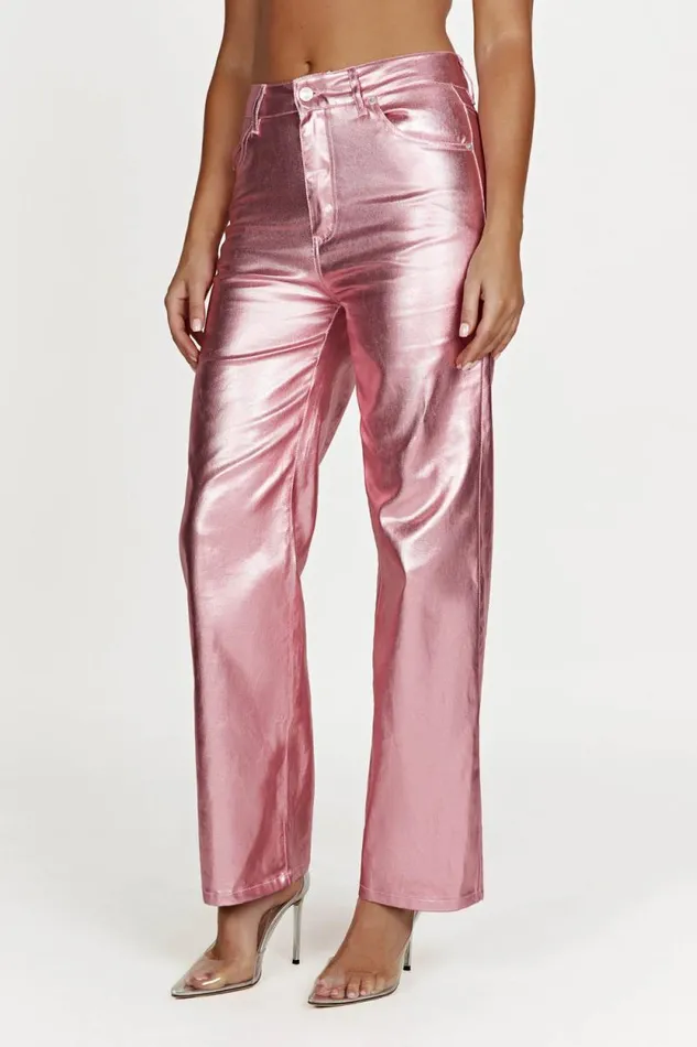 Women Meshki Bottoms Minnie Metallic Straight Jean 8211 Metallic Pink