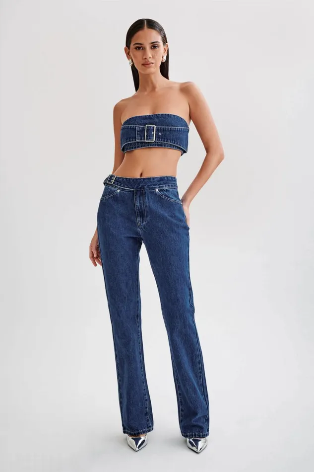 Women Meshki Bottoms Romona Low Rise Buckle Denim Jean 8211 Dark Blue